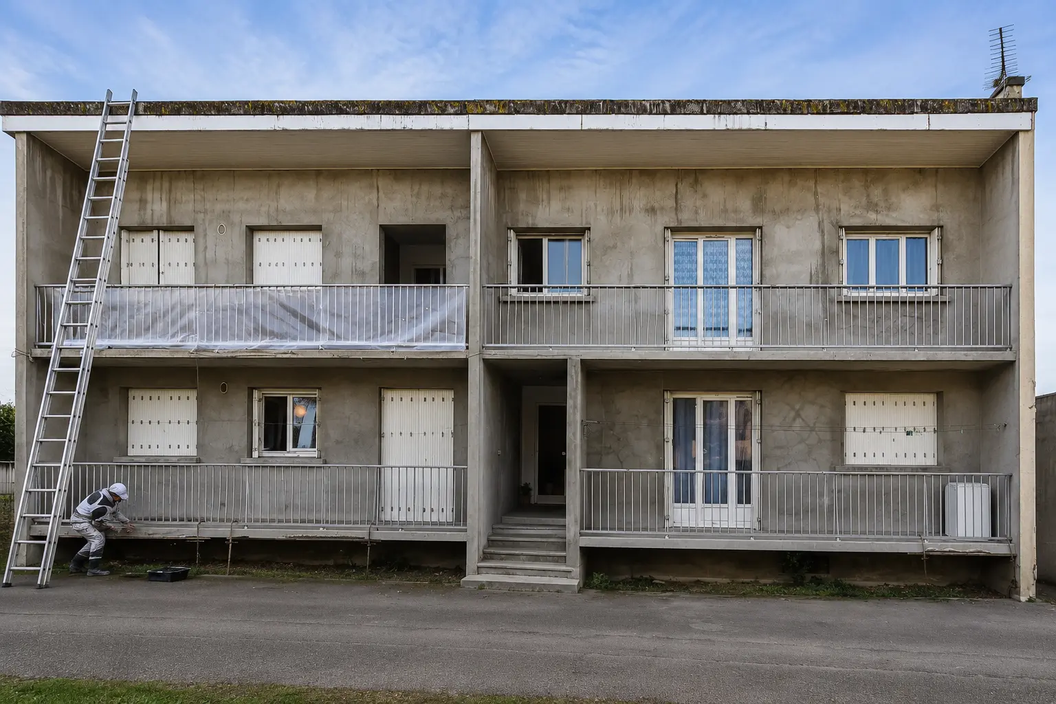 Façade en béton grise et tachée avant ravalement dans la région de Bourgoin-Jallieu