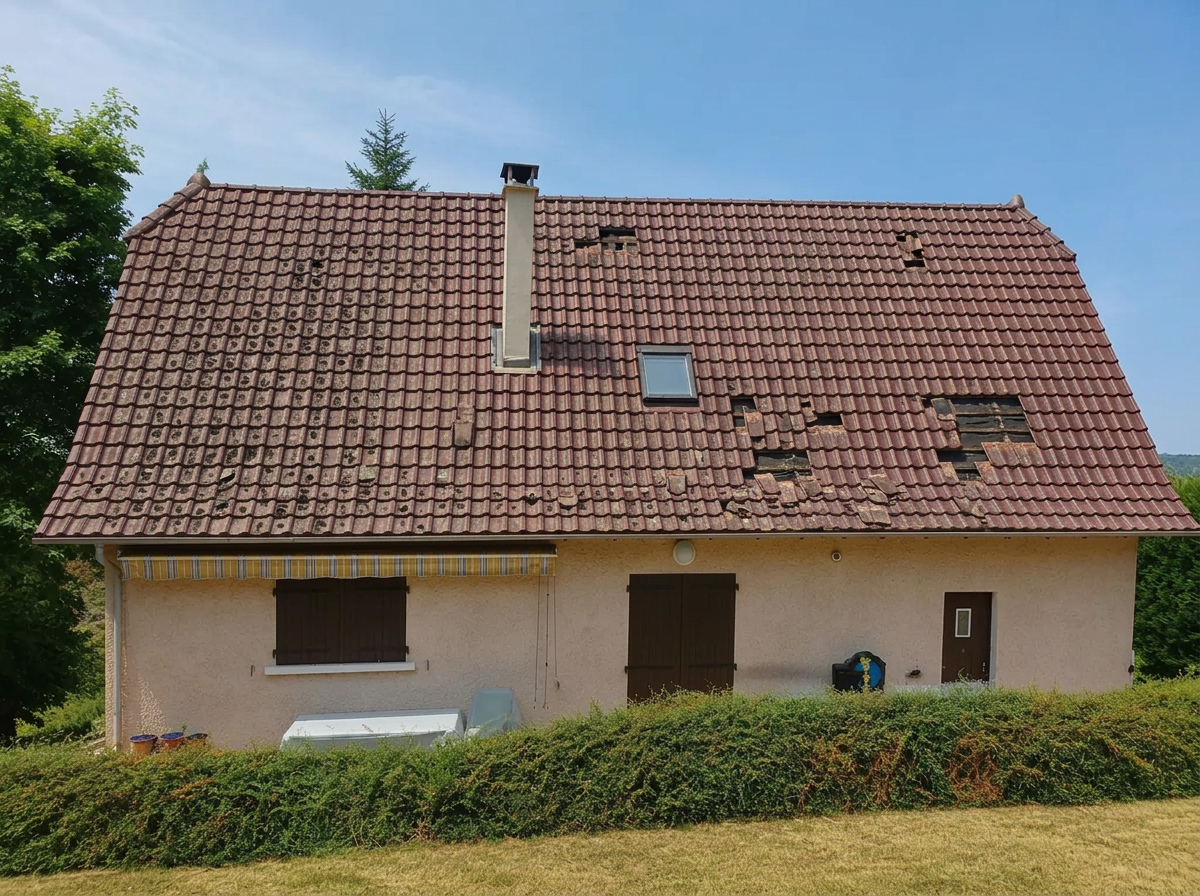 Toiture avec tuiles cassées, déplacées et manquantes avant remplacement près de Bourgoin-Jallieu
