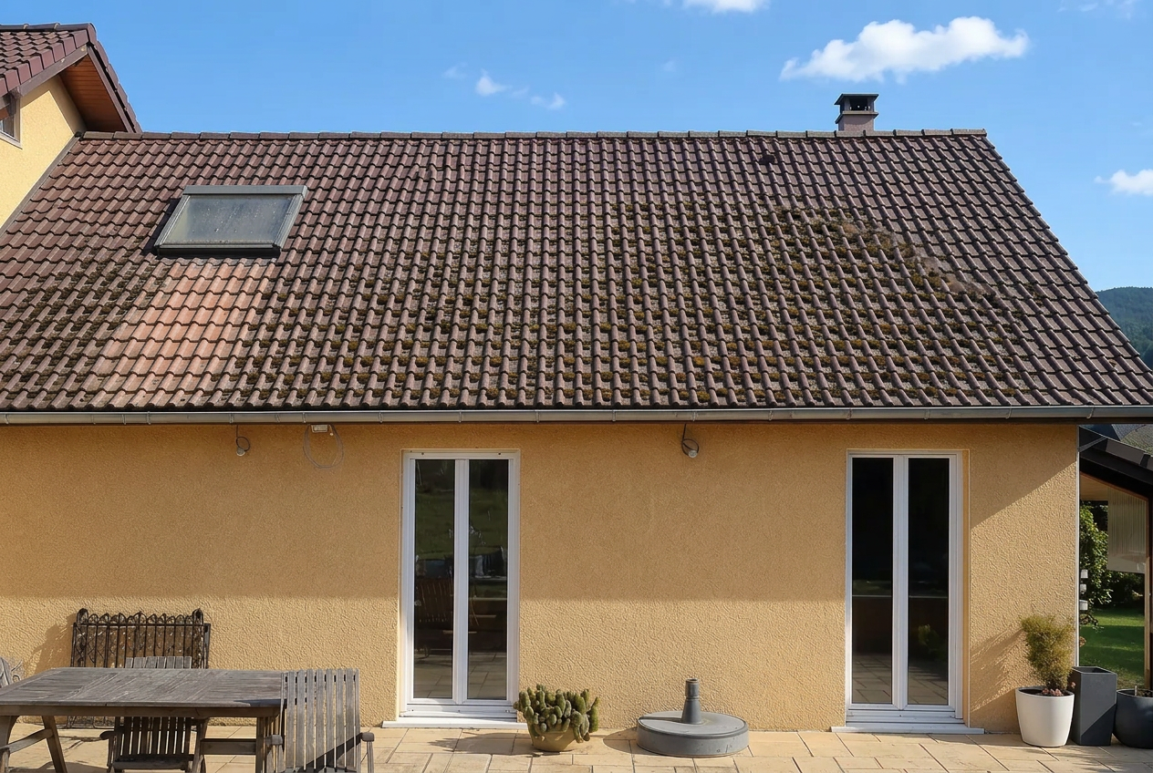Toiture brune poussiéreuse et décolorée avant rénovation en Nord-Isère
